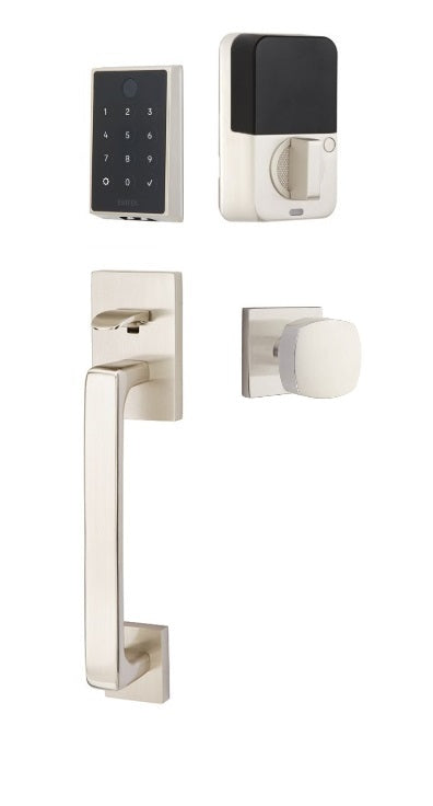 The Emtek EMPowered 2 Touch Entry Set with Baden Grip and Interior Freestone Knob in finish.