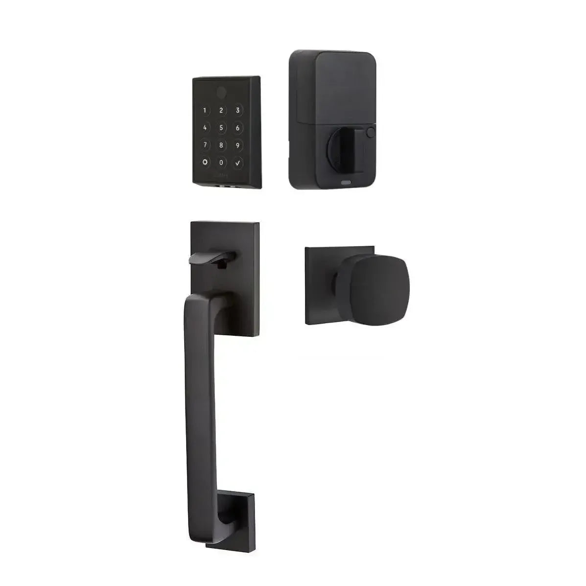 Emtek EMPowered 2 Touch Entry Set with Baden Grip and Interior Freestone Knob in Flat Black finish