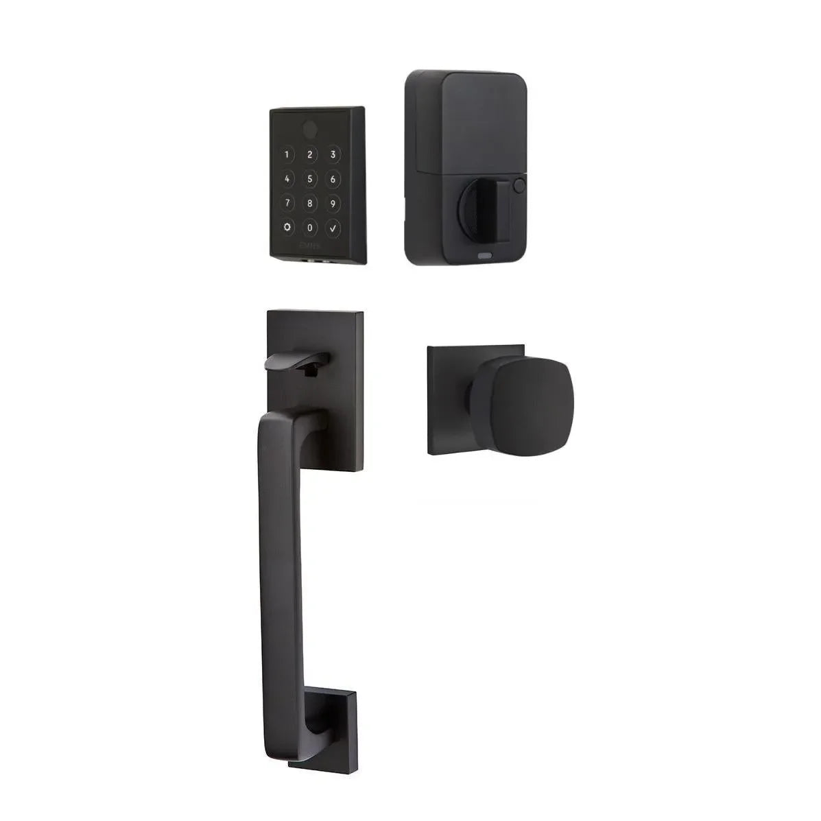 Emtek EMPowered 2 Touch Entry Set with Baden Grip and Interior Freestone Knob Flat Black