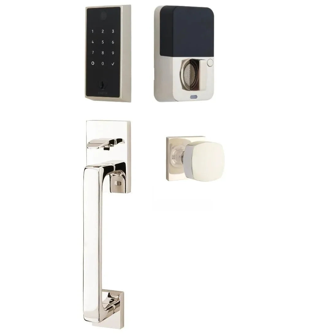 Emtek EMPowered 2 Touch Entry Set with Baden Grip and Interior Freestone Knob Lifetime Polished Nickel
