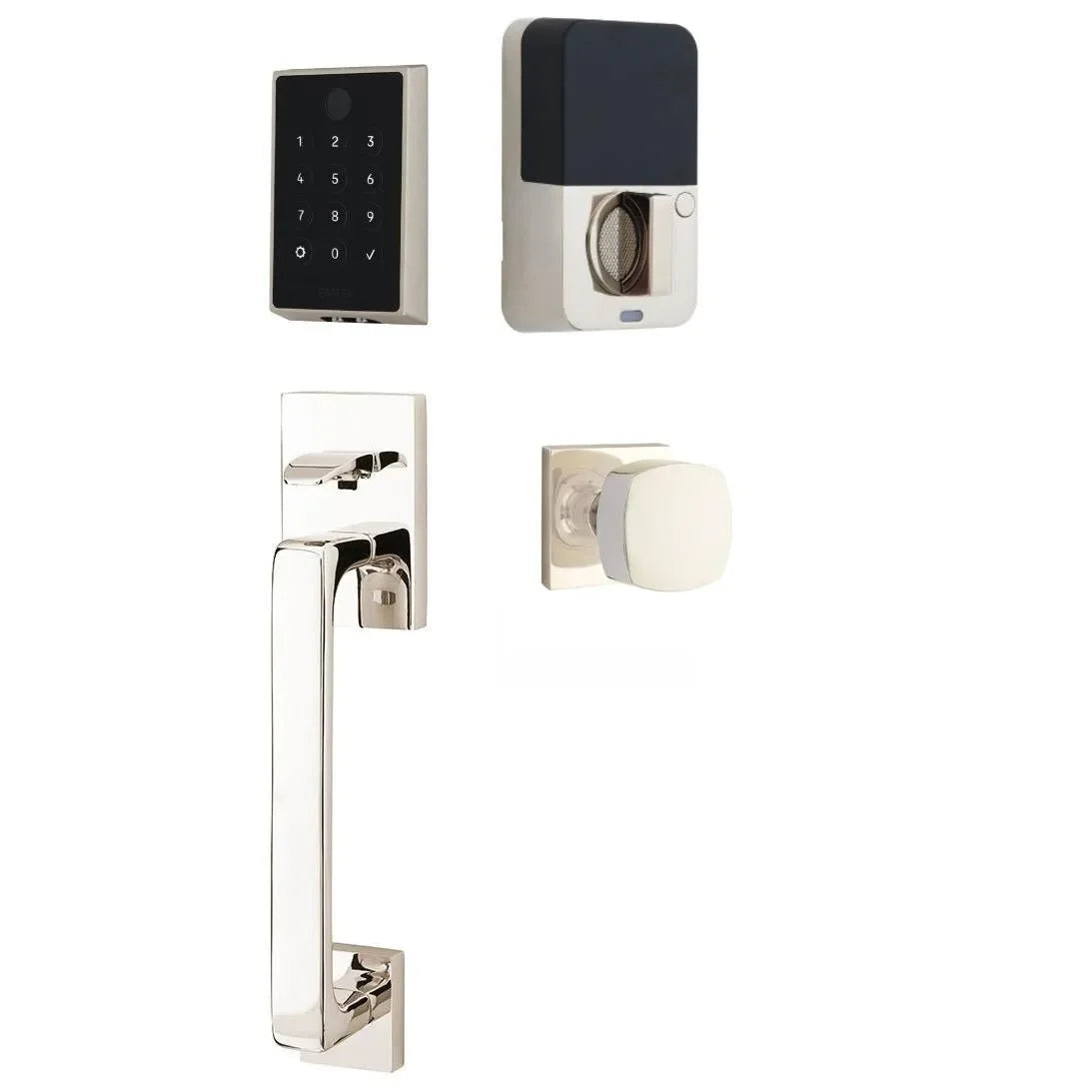 Emtek EMPowered 2 Touch Entry Set with Baden Grip and Interior Freestone Knob Lifetime Polished Nickel