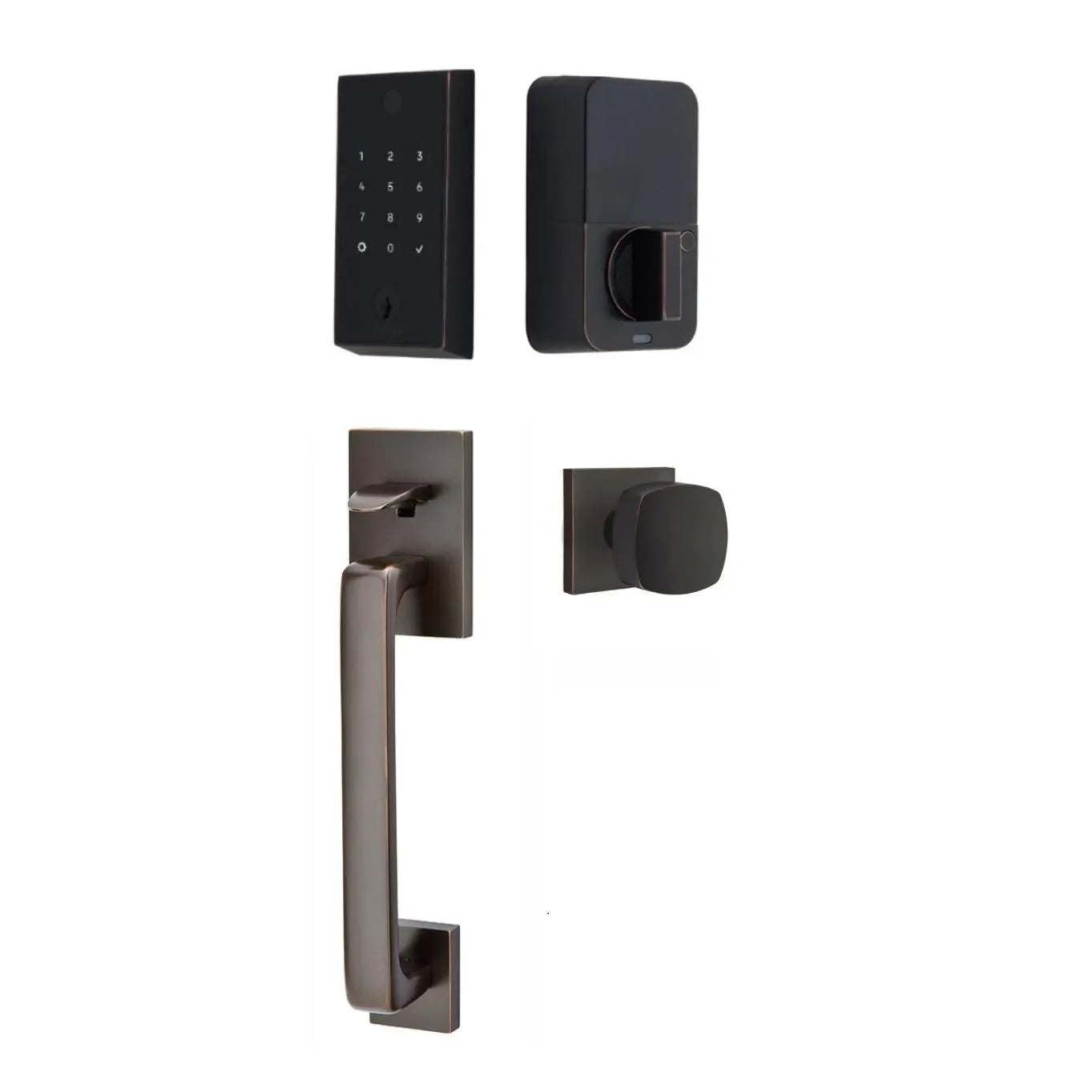 Emtek EMPowered 2 Touch Entry Set with Baden Grip and Interior Freestone Knob Oil Rubbed Bronze