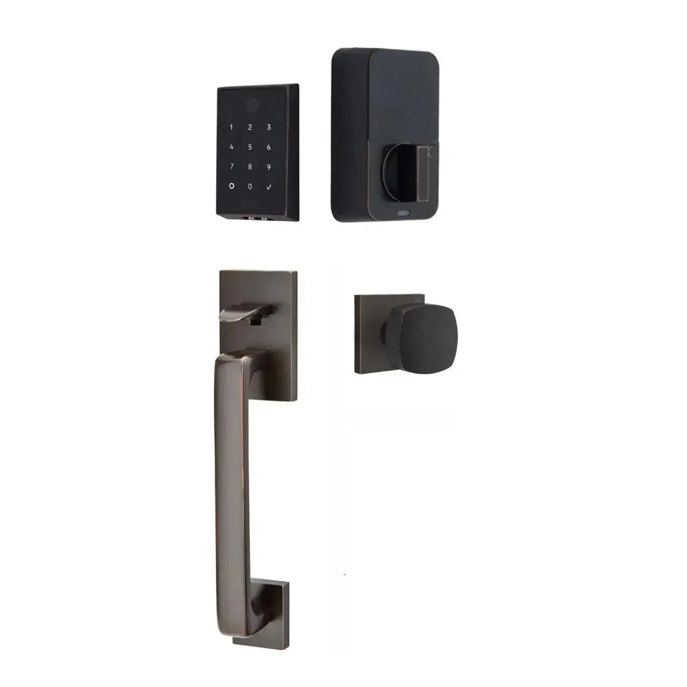 Emtek EMPowered 2 Touch Entry Set with Baden Grip and Interior Freestone Knob in Oil Rubbed Bronze finish