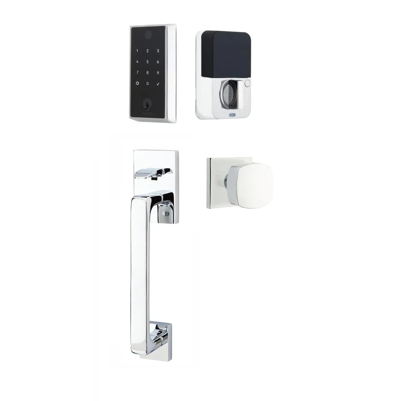 Emtek EMPowered 2 Touch Entry Set with Baden Grip and Interior Freestone Knob Polished Chrome