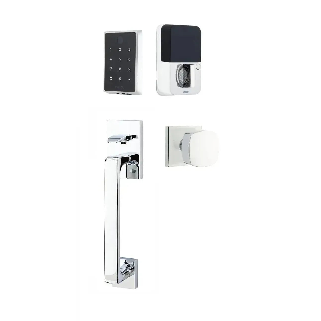 Emtek EMPowered 2 Touch Entry Set with Baden Grip and Interior Freestone Knob in Polished Chrome finish