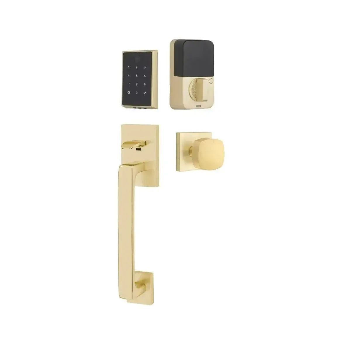 Emtek EMPowered 2 Touch Entry Set with Baden Grip and Interior Freestone Knob in Satin Brass finish
