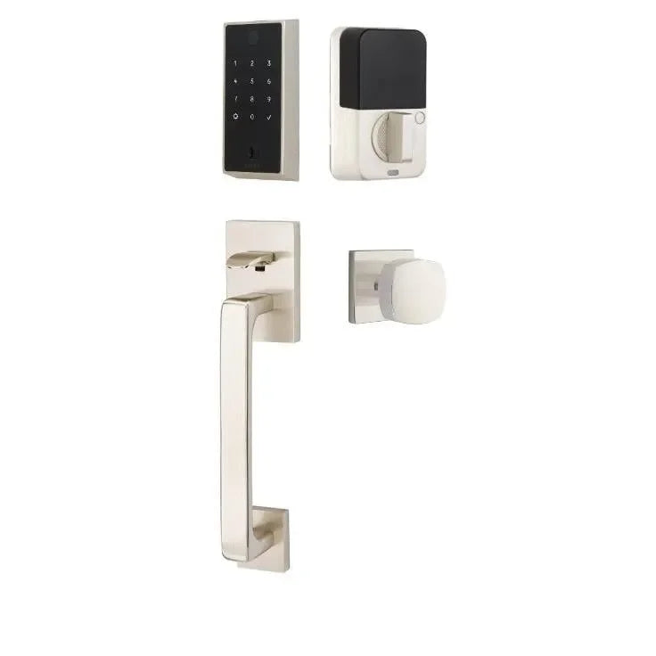 Emtek EMPowered 2 Touch Entry Set with Baden Grip and Interior Freestone Knob Satin Nickel