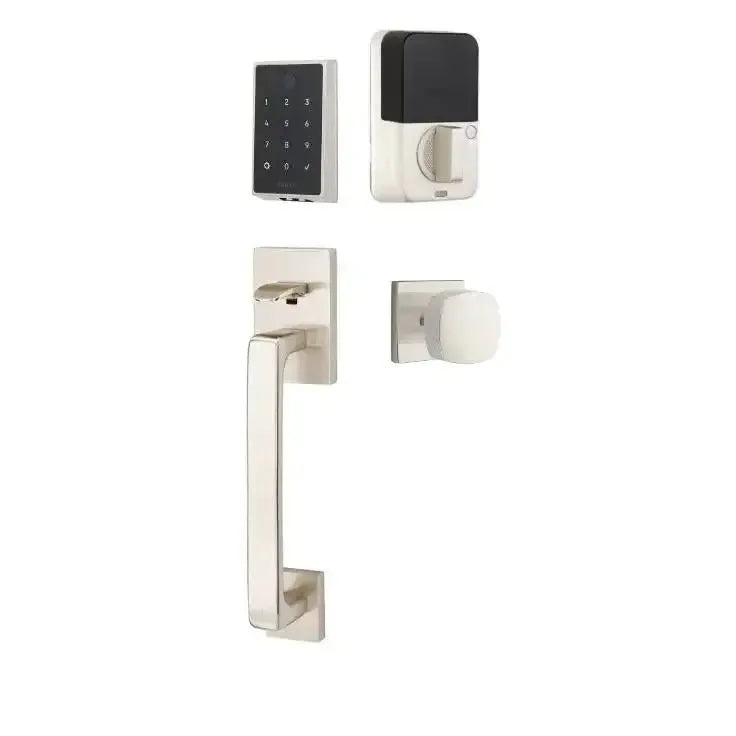 Emtek EMPowered 2 Touch Entry Set with Baden Grip and Interior Freestone Knob in Satin Nickel finish