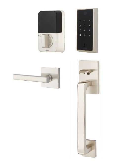 The Emtek EMPowered 2 Touch Entry Set with Baden Grip and Interior Freestone Lever in finish.