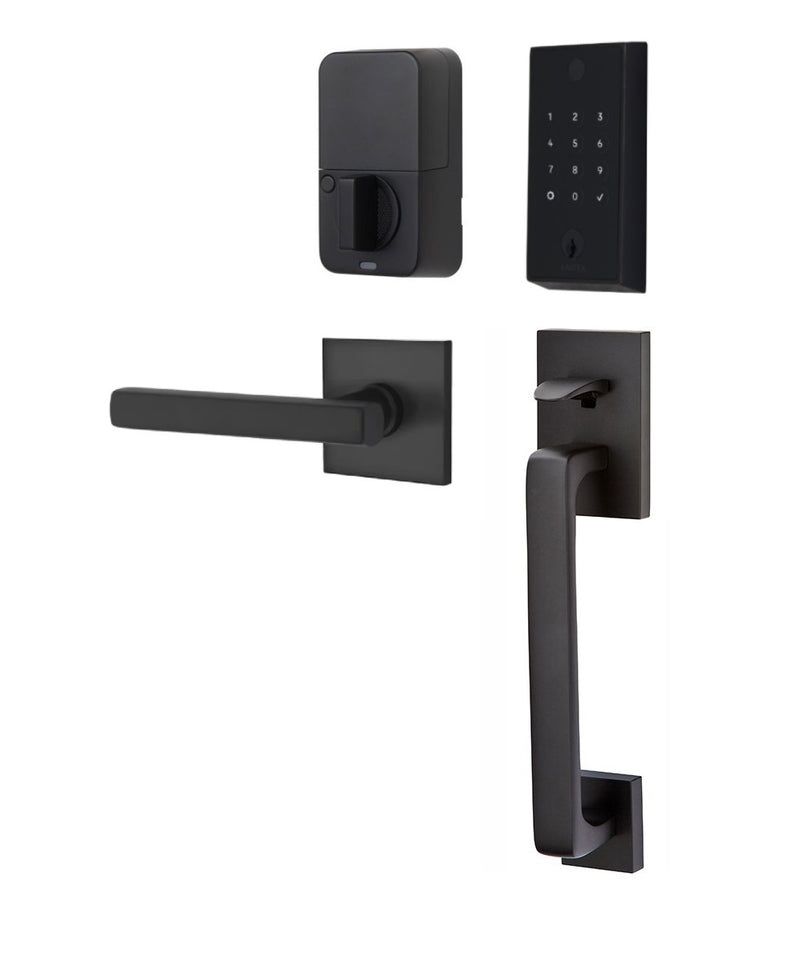 The Emtek EMPowered 2 Touch Entry Set with Baden Grip and Interior Freestone Lever in finish.