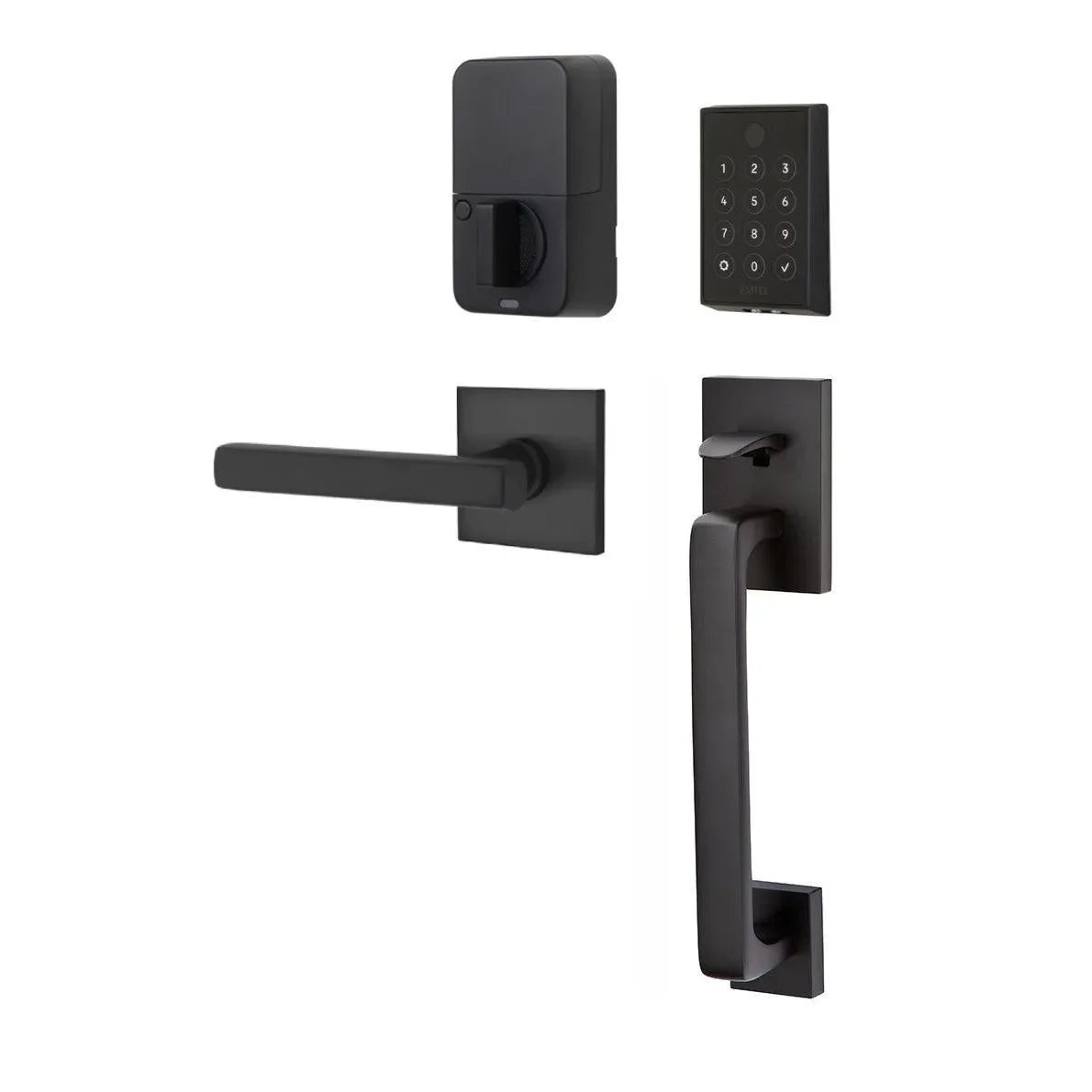 Emtek EMPowered 2 Touch Entry Set with Baden Grip and Interior Freestone Lever Flat Black