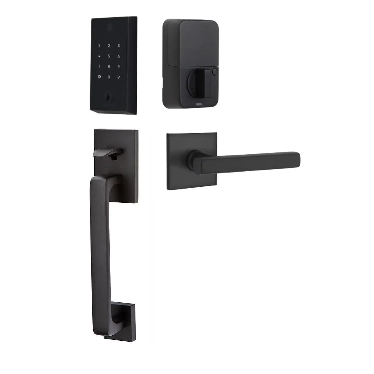 Emtek EMPowered 2 Touch Entry Set with Baden Grip and Interior Freestone Lever Flat Black