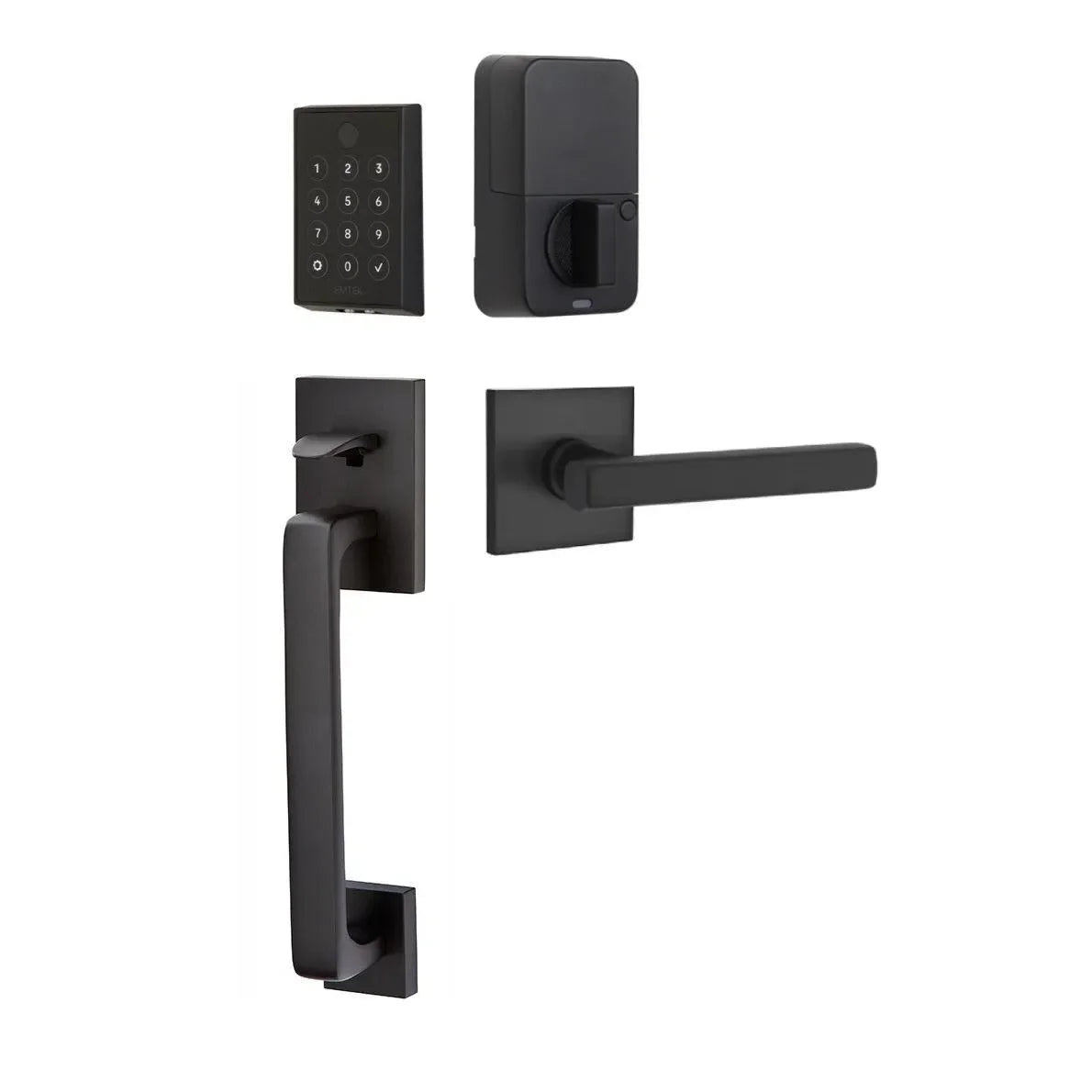 Emtek EMPowered 2 Touch Entry Set with Baden Grip and Interior Freestone Lever Flat Black