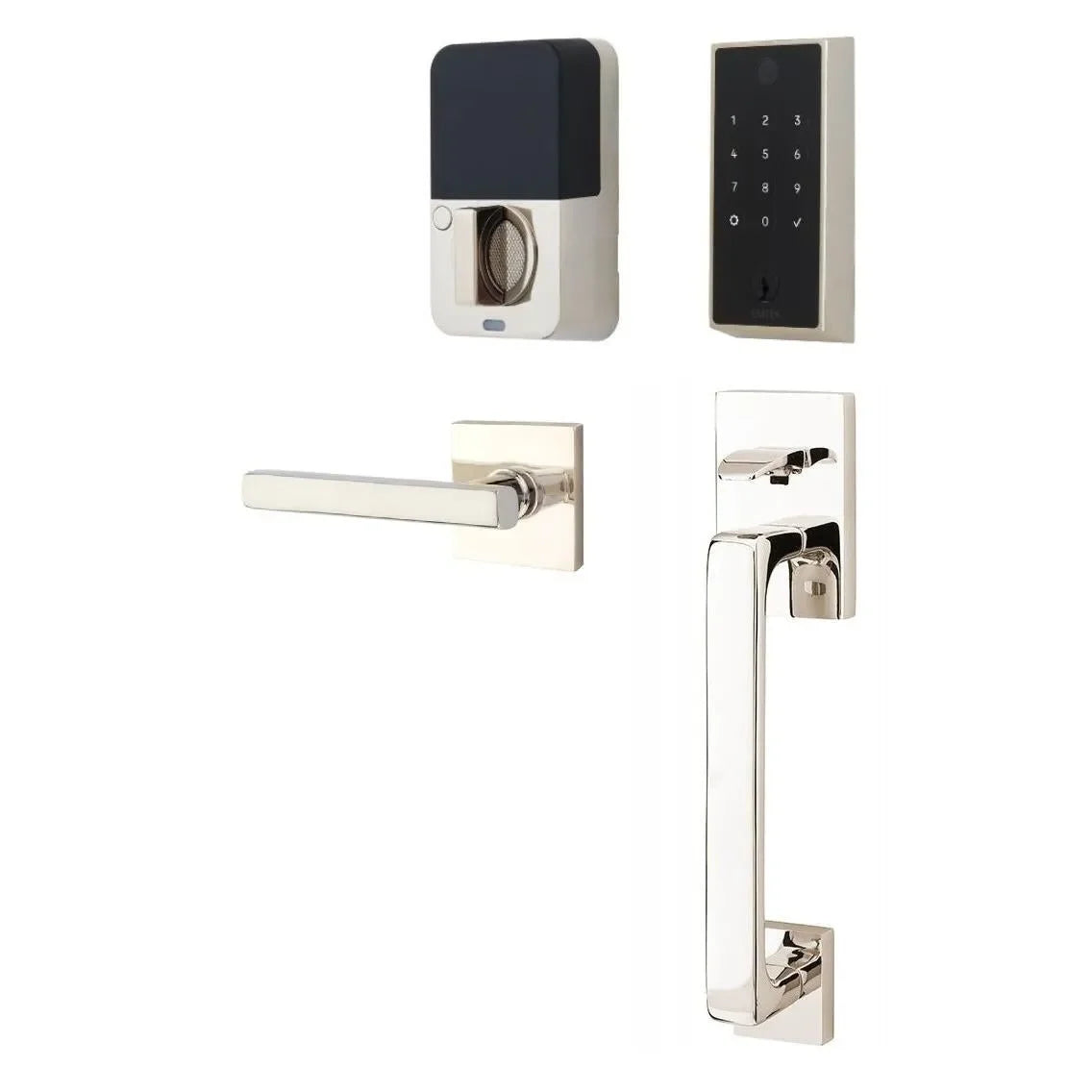 Emtek EMPowered 2 Touch Entry Set with Baden Grip and Interior Freestone Lever Lifetime Polished Nickel