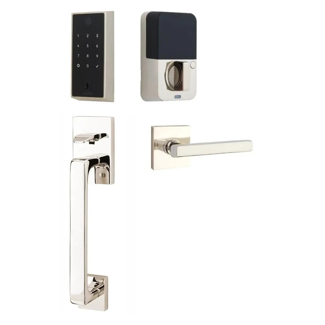 Emtek EMPowered 2 Touch Entry Set with Baden Grip and Interior Freestone Lever Lifetime Polished Nickel