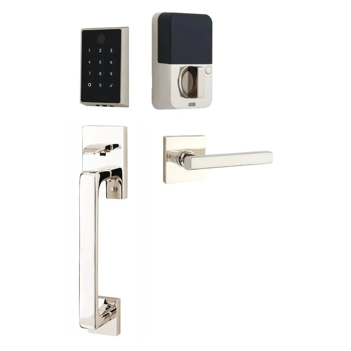 Emtek EMPowered 2 Touch Entry Set with Baden Grip and Interior Freestone Lever Lifetime Polished Nickel