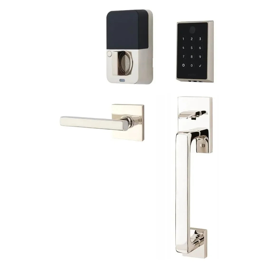 Emtek EMPowered 2 Touch Entry Set with Baden Grip and Interior Freestone Lever Lifetime Polished Nickel