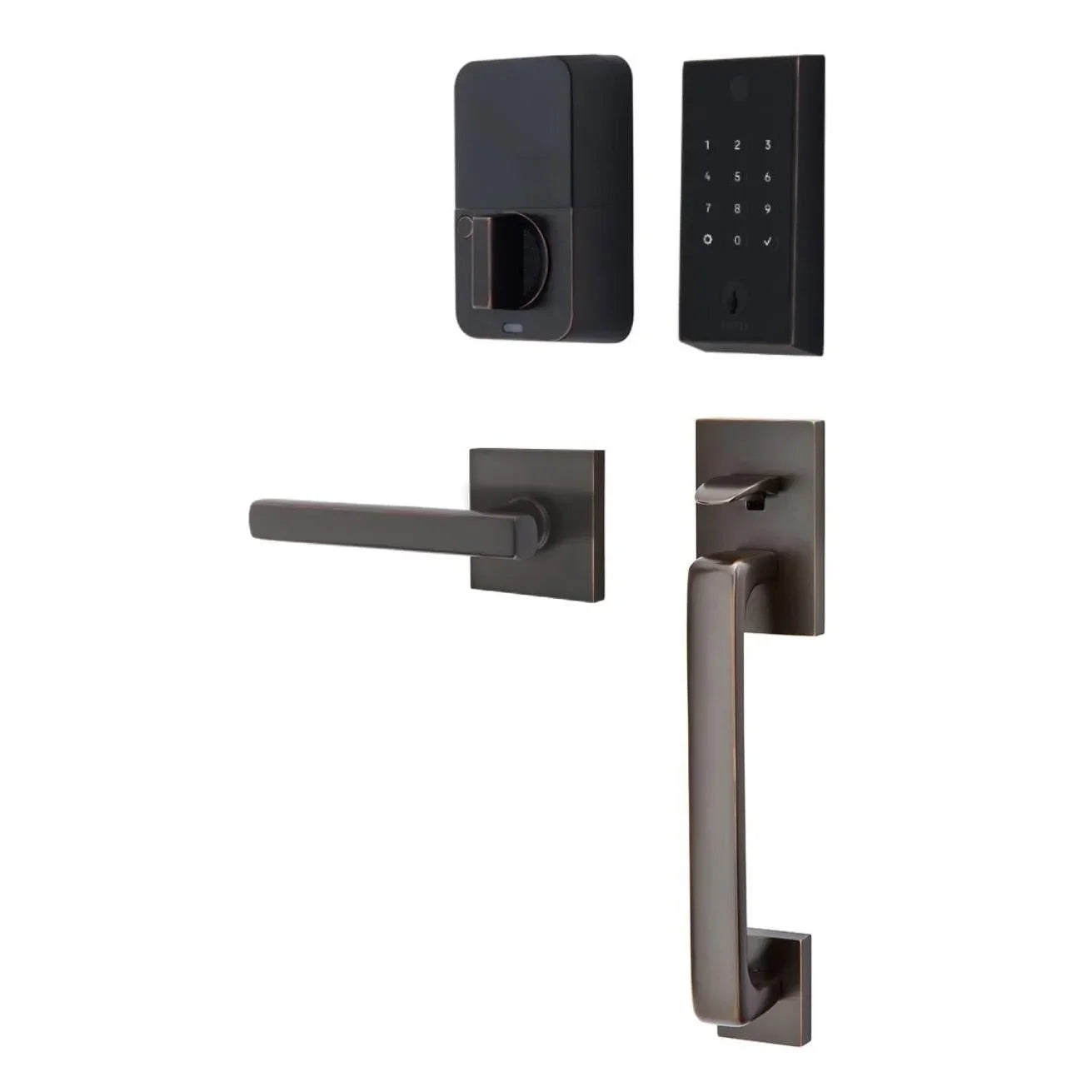 Emtek EMPowered 2 Touch Entry Set with Baden Grip and Interior Freestone Lever Oil Rubbed Bronze