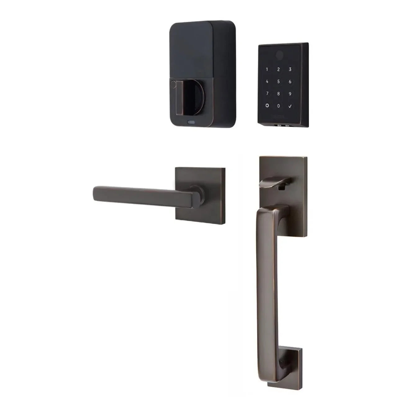 Emtek EMPowered 2 Touch Entry Set with Baden Grip and Interior Freestone Lever Oil Rubbed Bronze