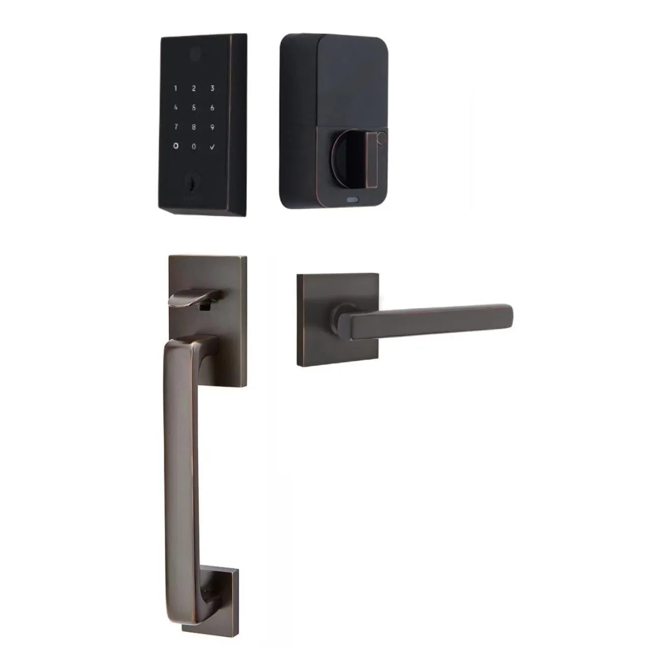 Emtek EMPowered 2 Touch Entry Set with Baden Grip and Interior Freestone Lever Oil Rubbed Bronze