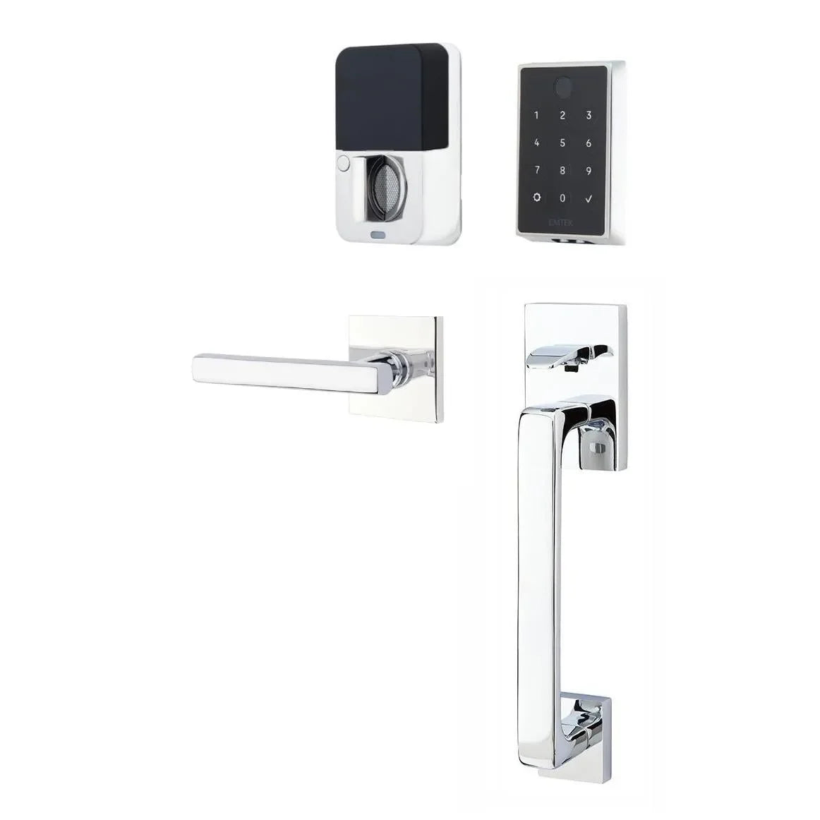 Emtek EMPowered 2 Touch Entry Set with Baden Grip and Interior Freestone Lever Polished Chrome