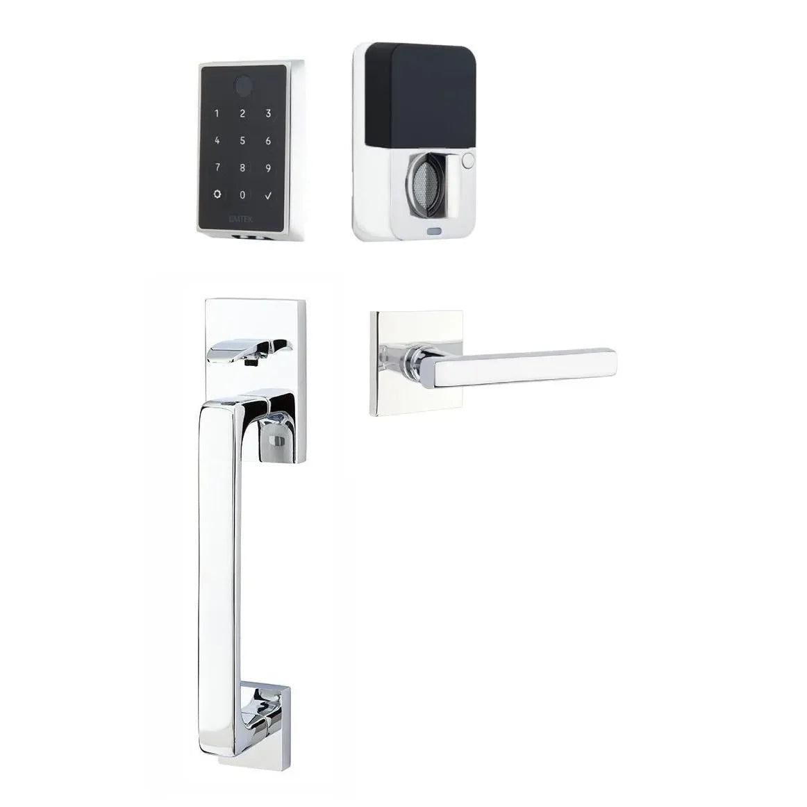 Emtek EMPowered 2 Touch Entry Set with Baden Grip and Interior Freestone Lever Polished Chrome