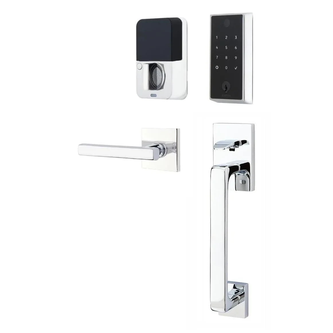Emtek EMPowered 2 Touch Entry Set with Baden Grip and Interior Freestone Lever Polished Chrome