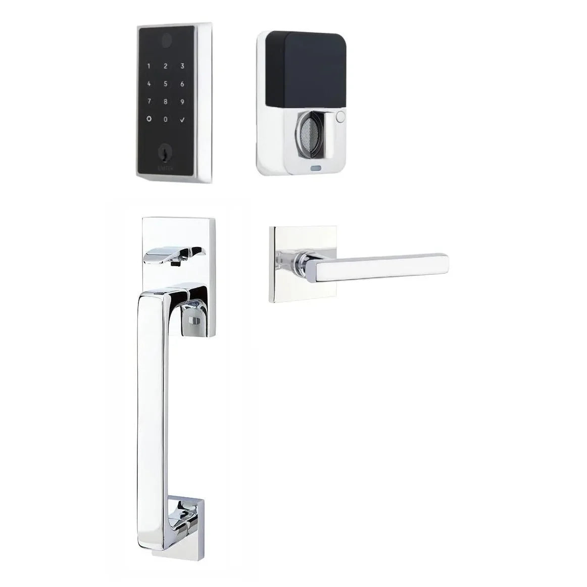 Emtek EMPowered 2 Touch Entry Set with Baden Grip and Interior Freestone Lever Polished Chrome