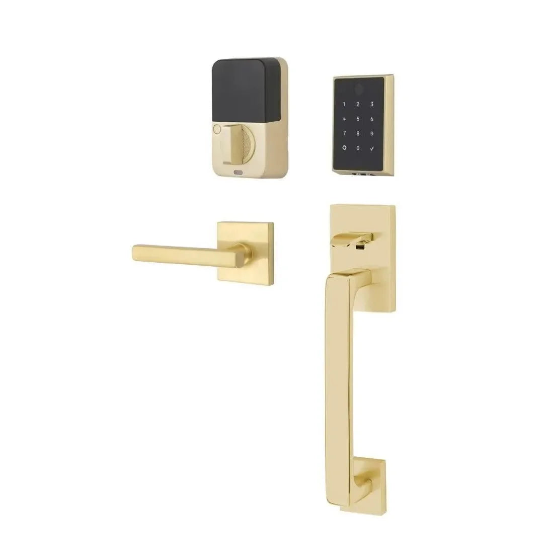 Emtek EMPowered 2 Touch Entry Set with Baden Grip and Interior Freestone Lever Satin Brass