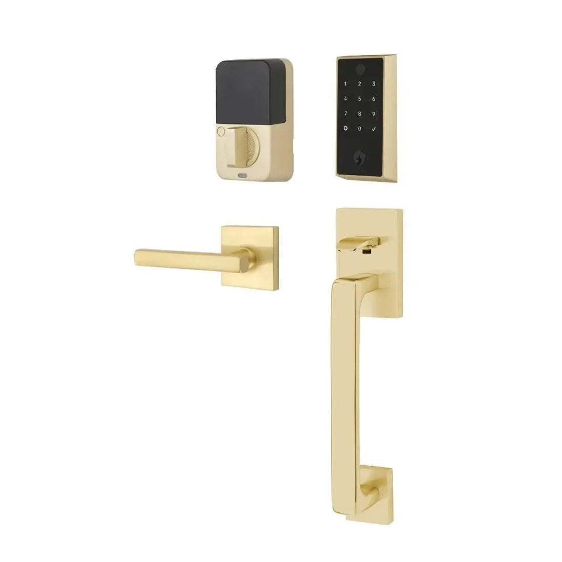 Emtek EMPowered 2 Touch Entry Set with Baden Grip and Interior Freestone Lever Satin Brass