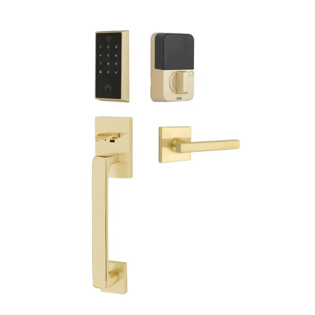 Emtek EMPowered 2 Touch Entry Set with Baden Grip and Interior Freestone Lever Satin Brass
