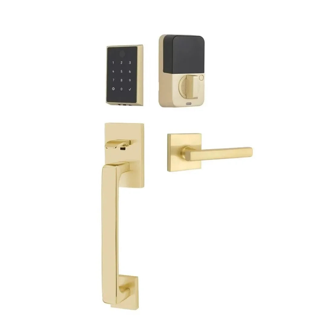 Emtek EMPowered 2 Touch Entry Set with Baden Grip and Interior Freestone Lever Satin Brass