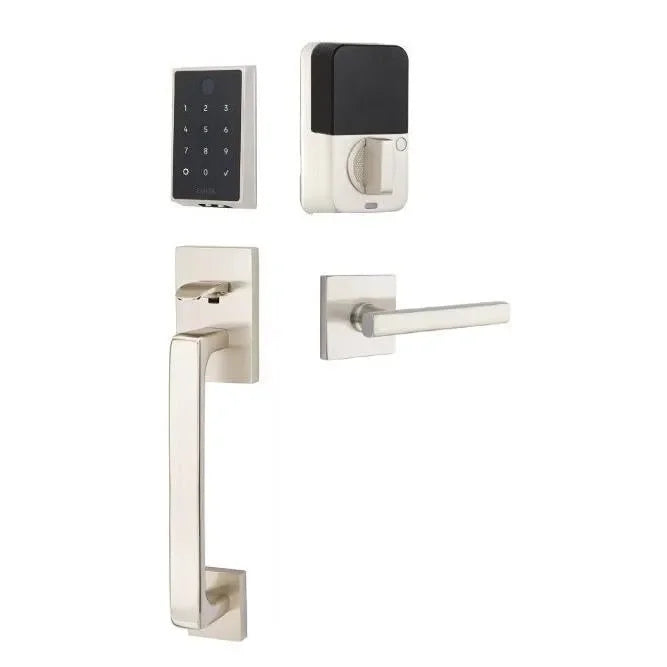 Emtek EMPowered 2 Touch Entry Set with Baden Grip and Interior Freestone Lever Satin Nickel