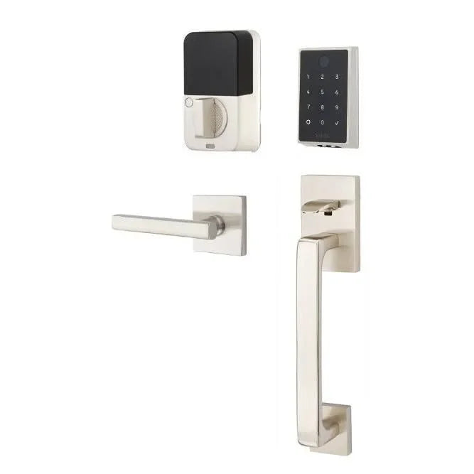 Emtek EMPowered 2 Touch Entry Set with Baden Grip and Interior Freestone Lever Satin Nickel
