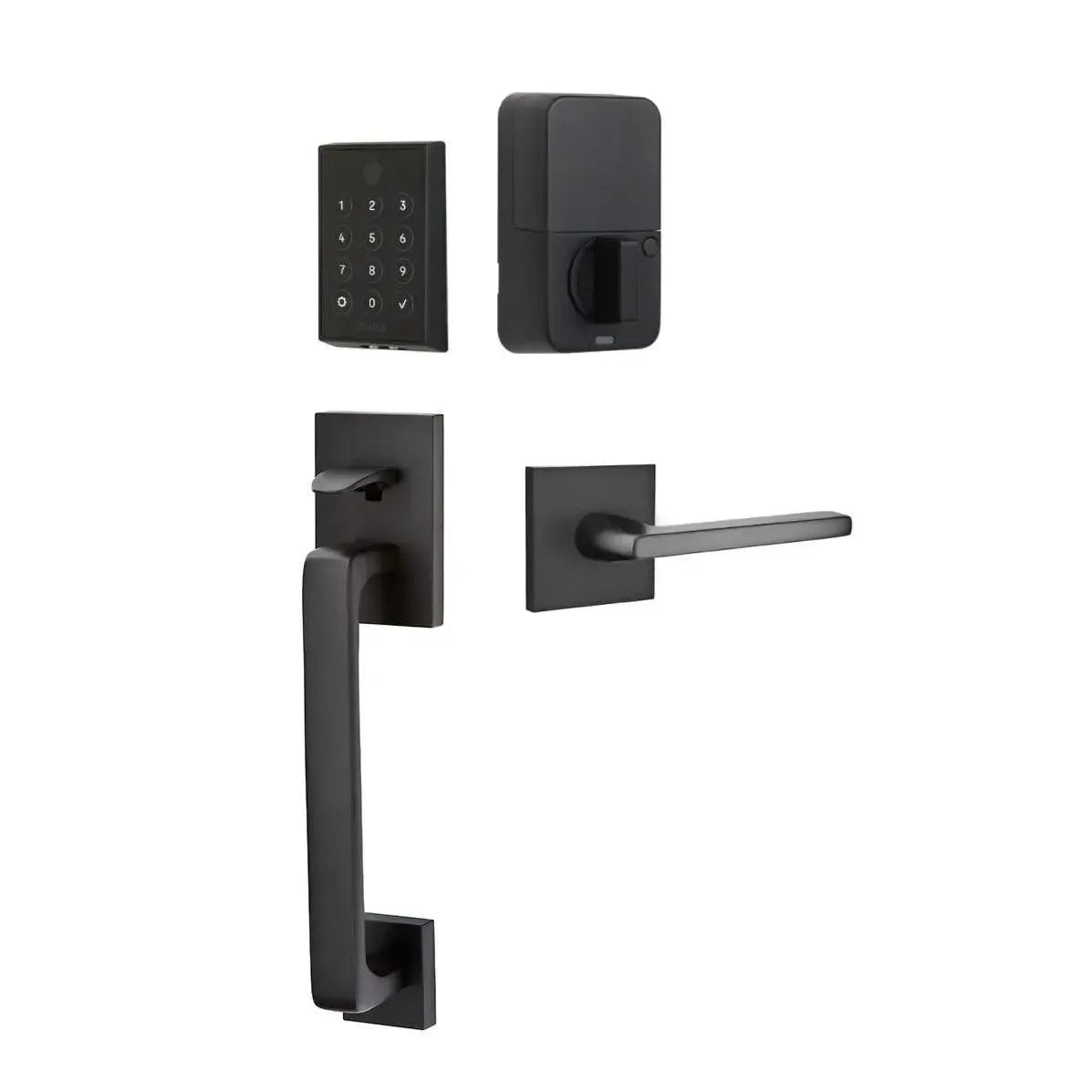 Emtek EMPowered 2 Touch Entry Set with Baden Grip and Interior Helios Lever in Flat Black finish