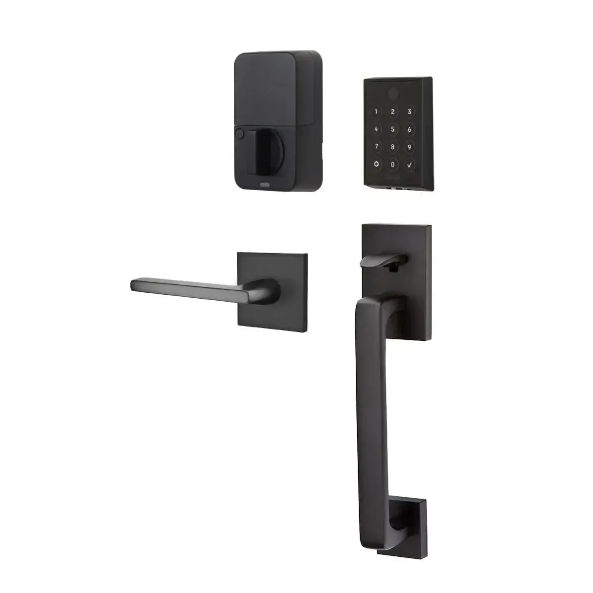 Emtek EMPowered 2 Touch Entry Set with Baden Grip and Interior Helios Lever in Flat Black finish