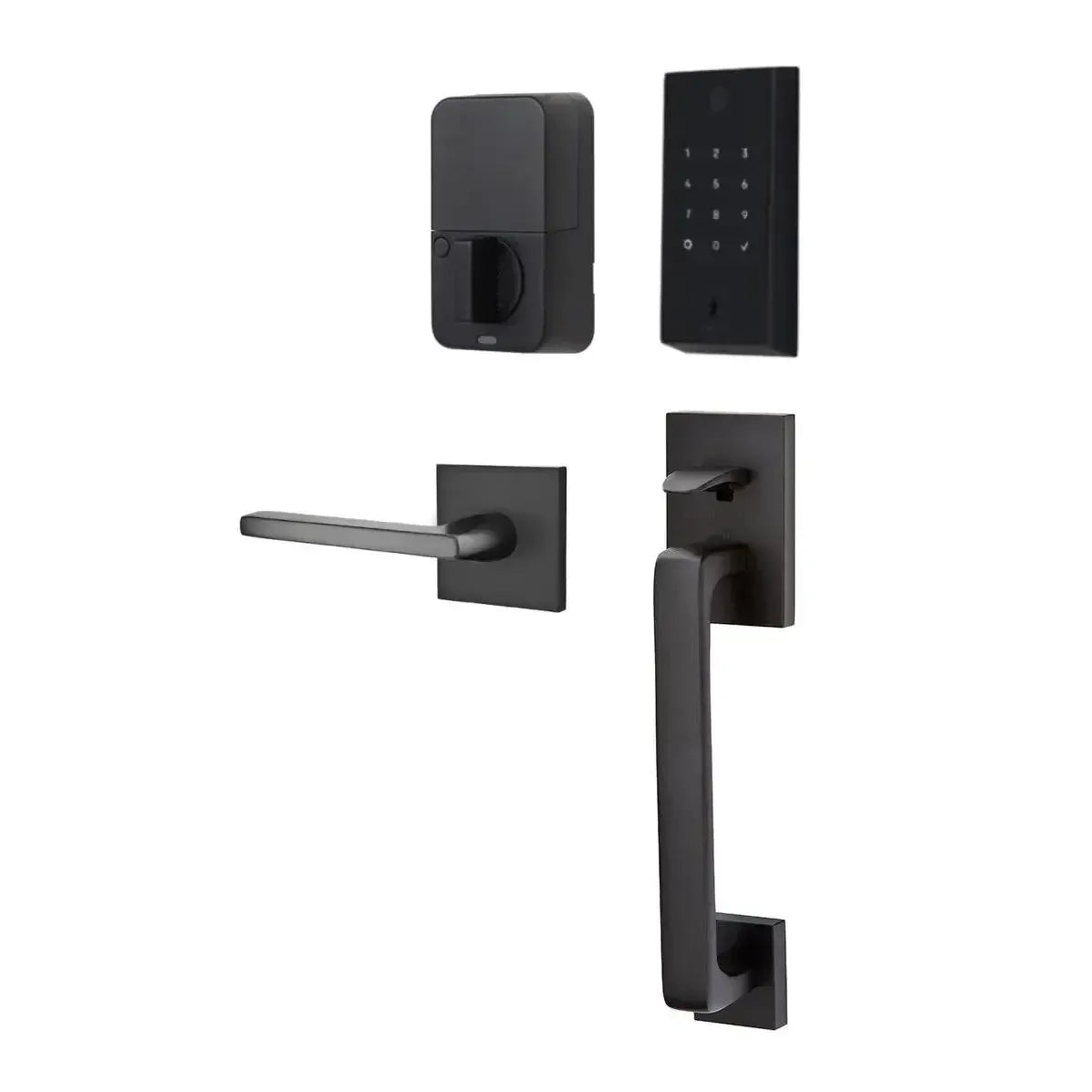 Emtek EMPowered 2 Touch Entry Set with Baden Grip and Interior Helios Lever in Flat Black finish