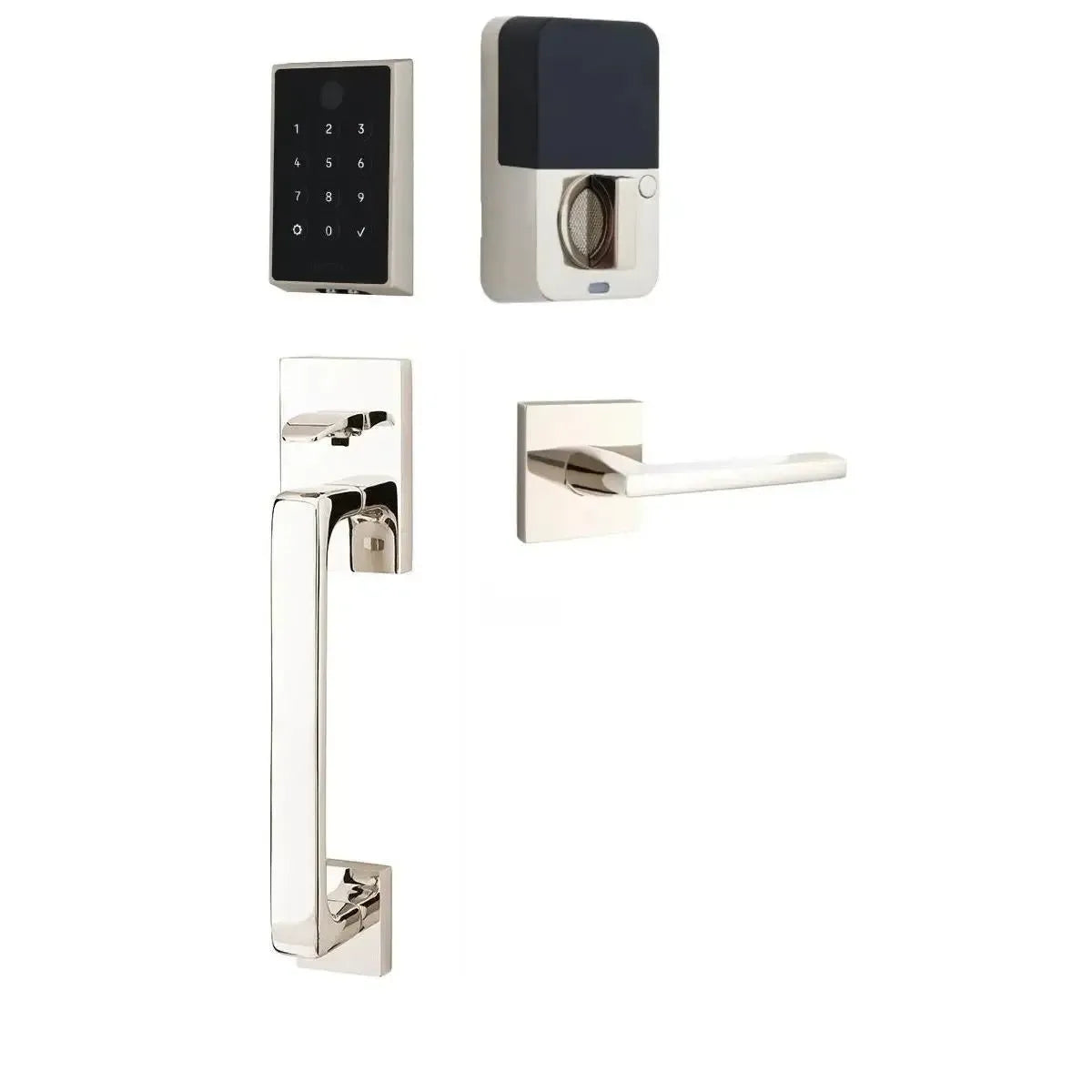 Emtek EMPowered 2 Touch Entry Set with Baden Grip and Interior Helios Lever in Lifetime Polished Nickel finish