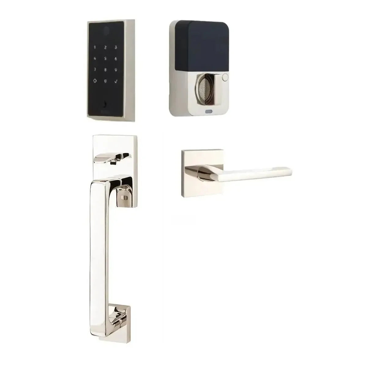Emtek EMPowered 2 Touch Entry Set with Baden Grip and Interior Helios Lever in Lifetime Polished Nickel finish