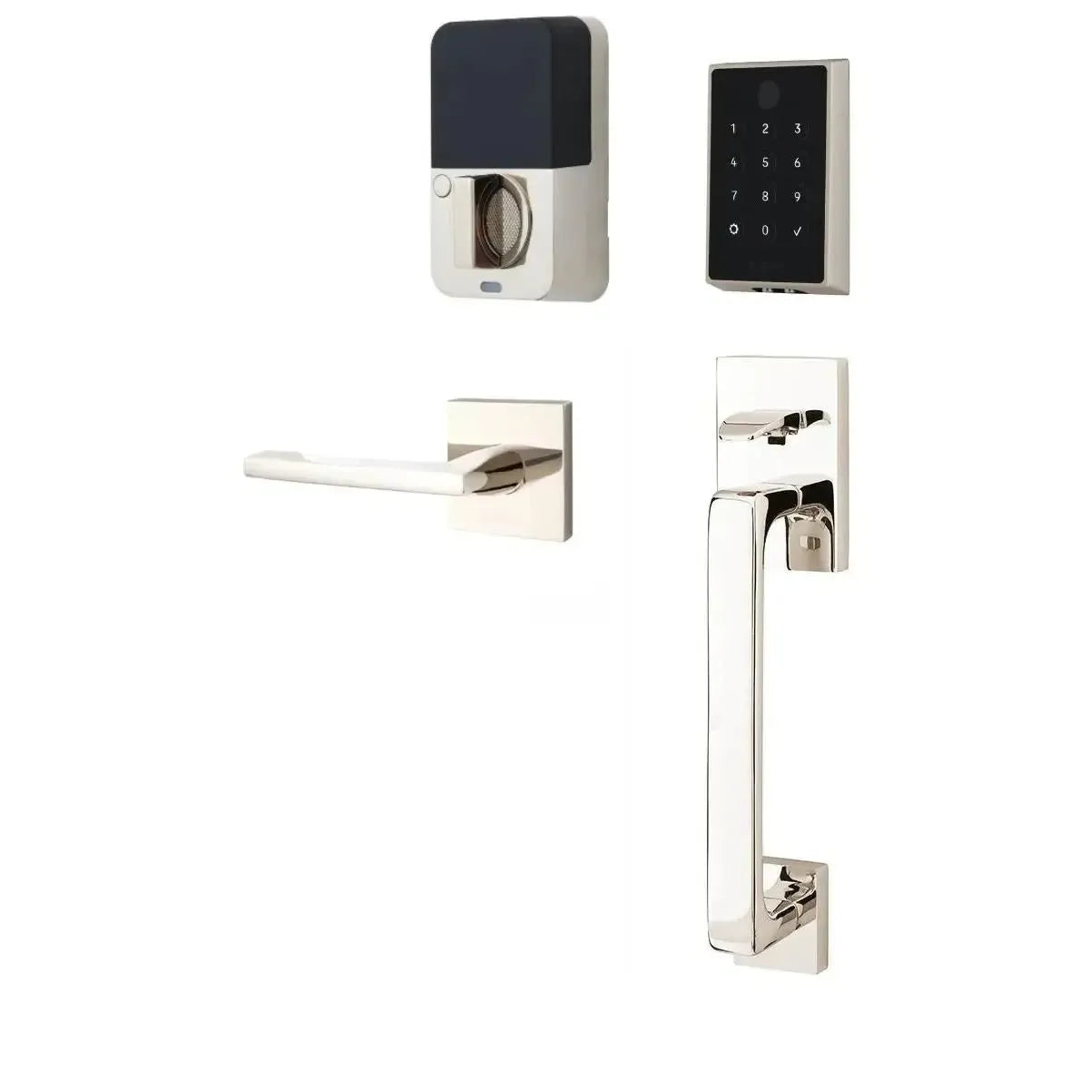 Emtek EMPowered 2 Touch Entry Set with Baden Grip and Interior Helios Lever in Lifetime Polished Nickel finish