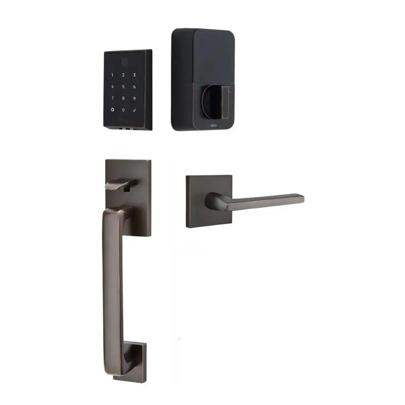 Emtek EMPowered 2 Touch Entry Set with Baden Grip and Interior Helios Lever in Oil Rubbed Bronze finish