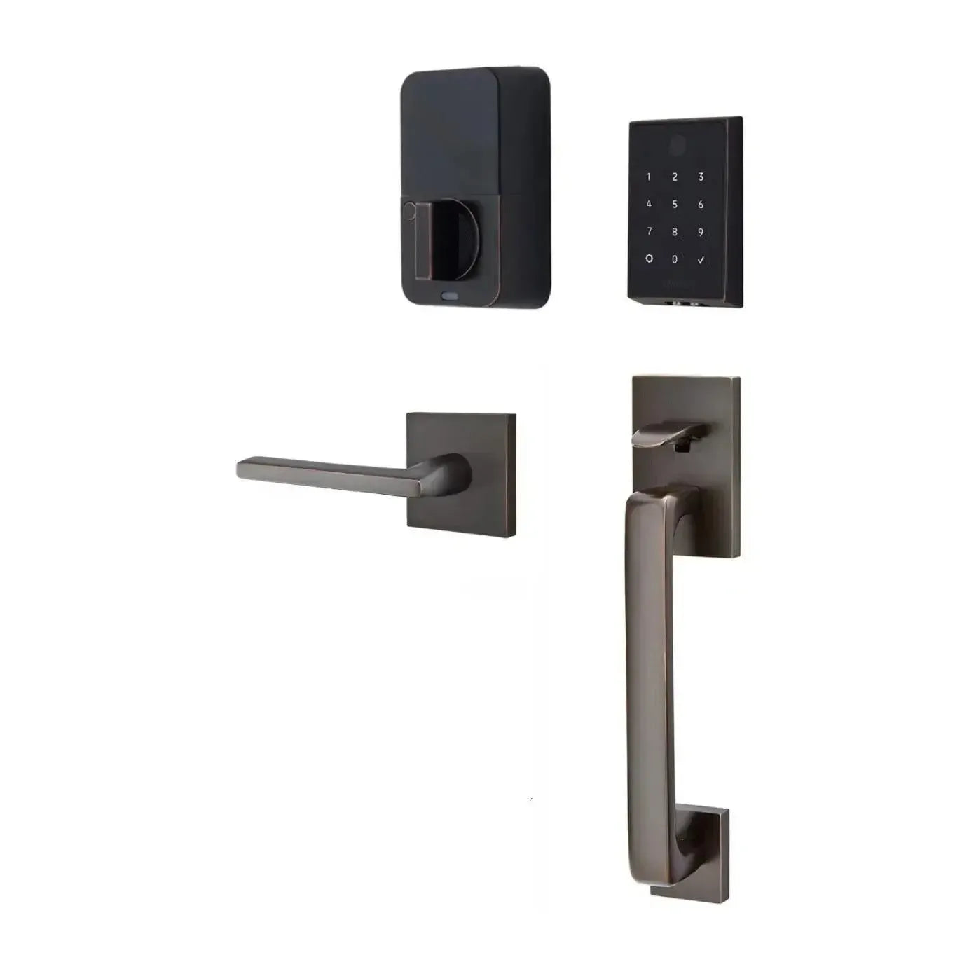 Emtek EMPowered 2 Touch Entry Set with Baden Grip and Interior Helios Lever in Oil Rubbed Bronze finish