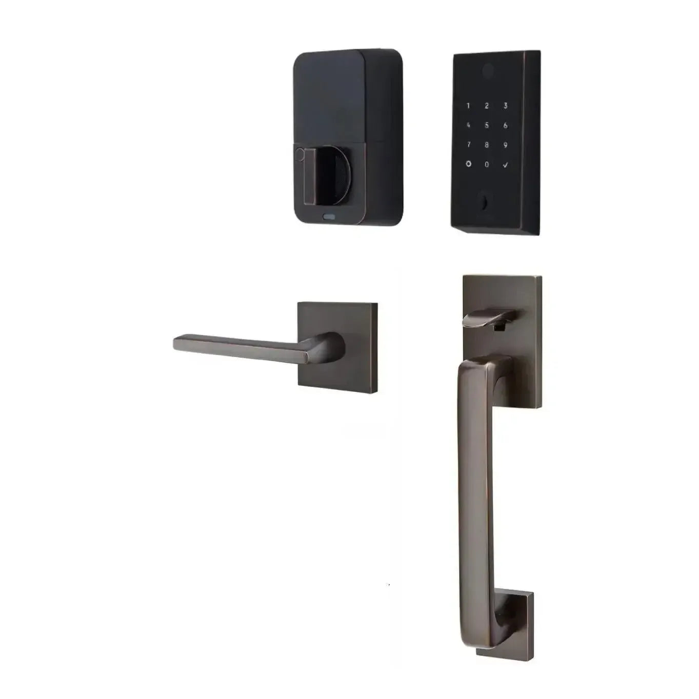Emtek EMPowered 2 Touch Entry Set with Baden Grip and Interior Helios Lever in Oil Rubbed Bronze finish