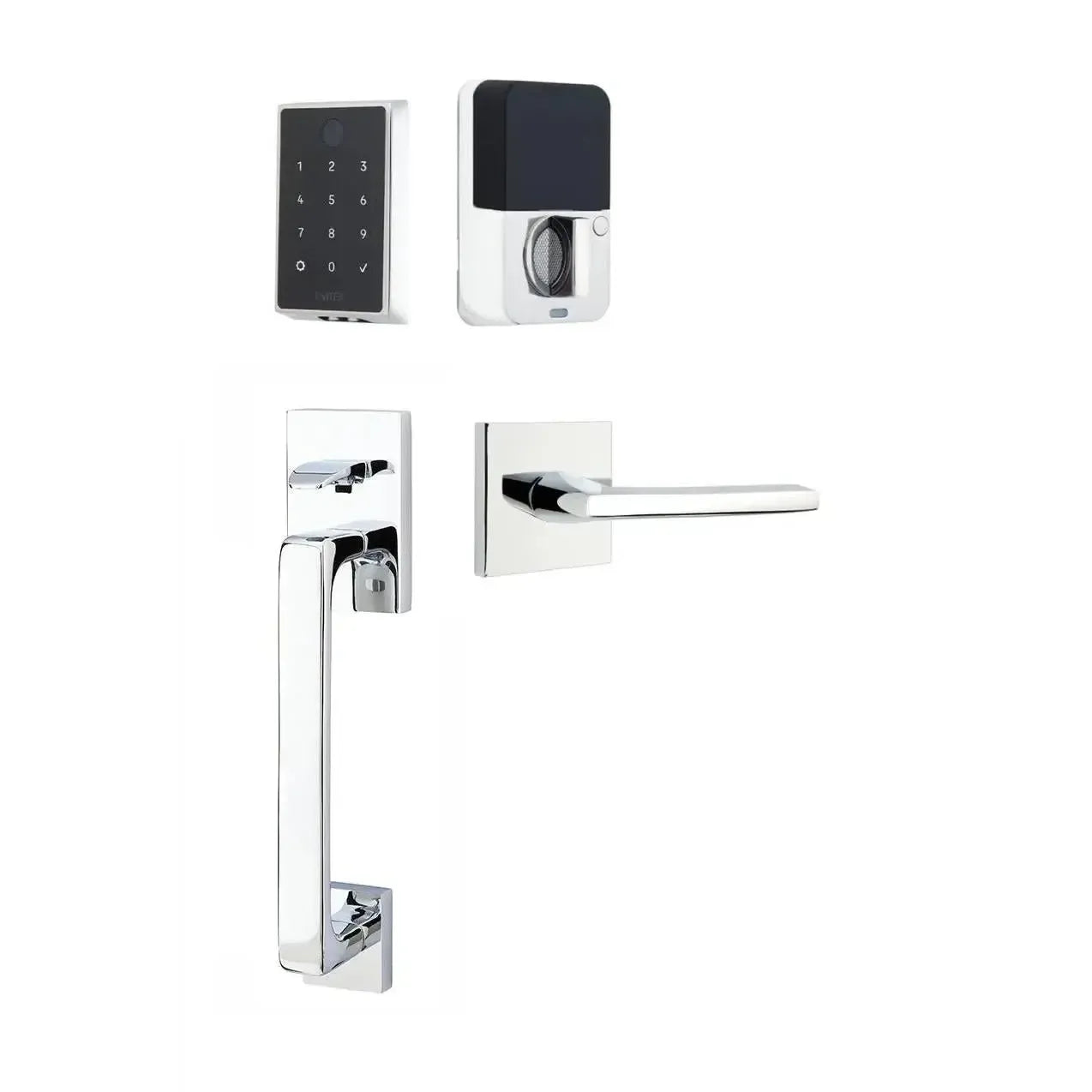 Emtek EMPowered 2 Touch Entry Set with Baden Grip and Interior Helios Lever in Polished Chrome finish