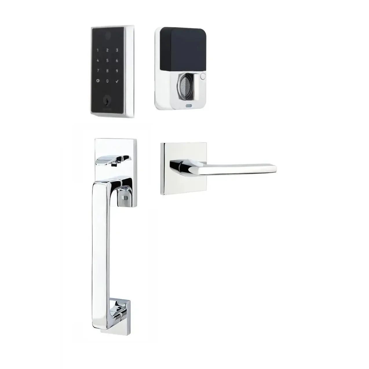 Emtek EMPowered 2 Touch Entry Set with Baden Grip and Interior Helios Lever in Polished Chrome finish