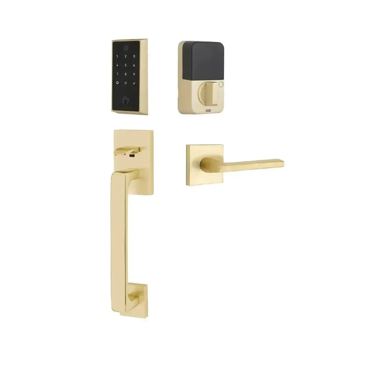 Emtek EMPowered 2 Touch Entry Set with Baden Grip and Interior Helios Lever in Satin Brass finish