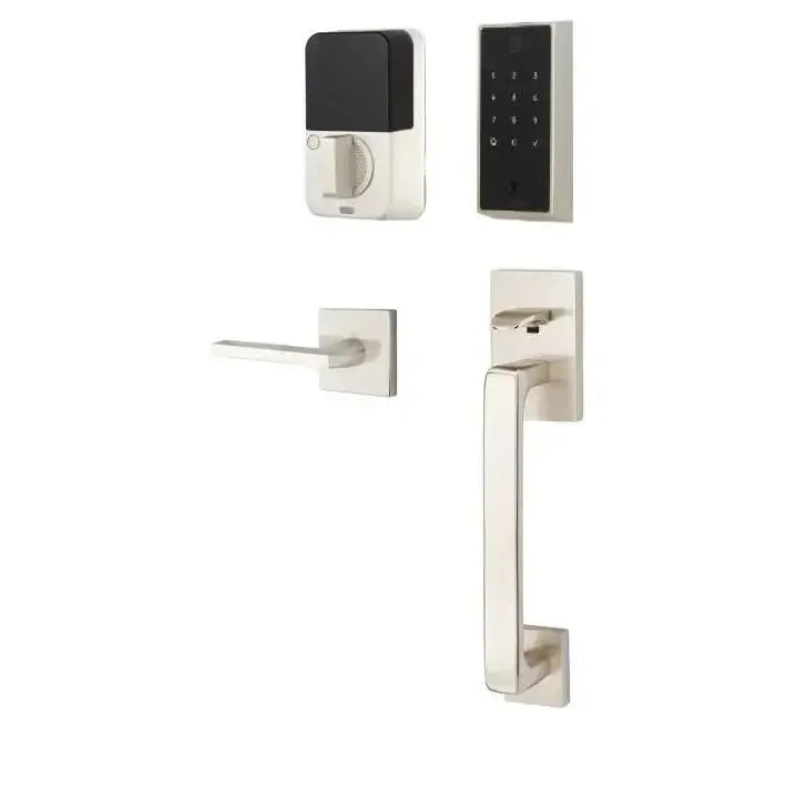 Emtek EMPowered 2 Touch Entry Set with Baden Grip and Interior Helios Lever in Satin Nickel finish