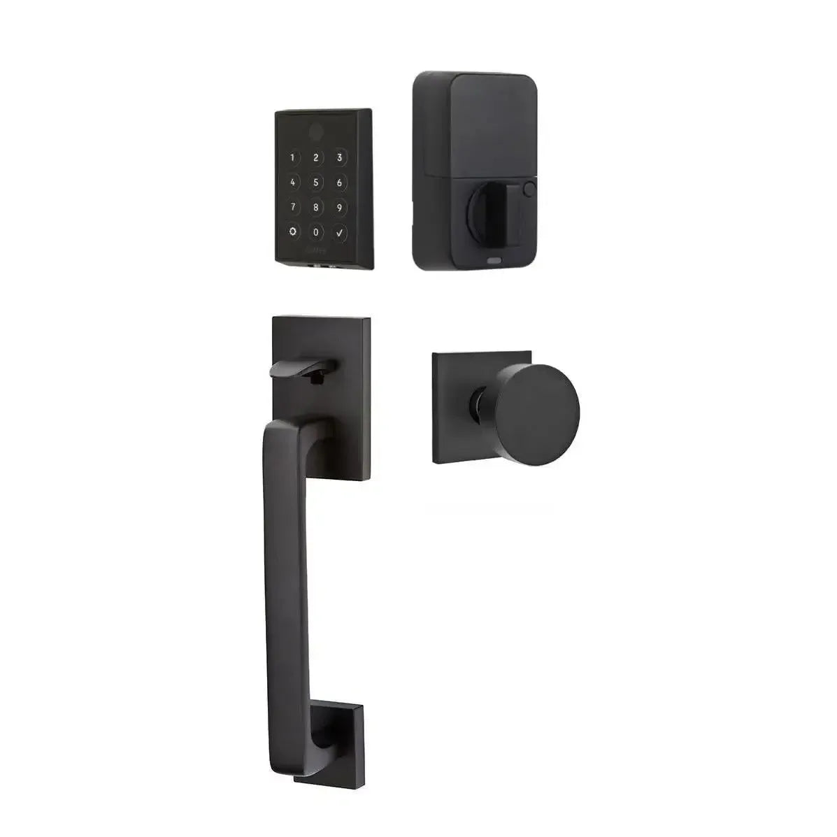 Emtek EMPowered 2 Touch Entry Set with Baden Grip and Interior Round Knob in Flat Black finish
