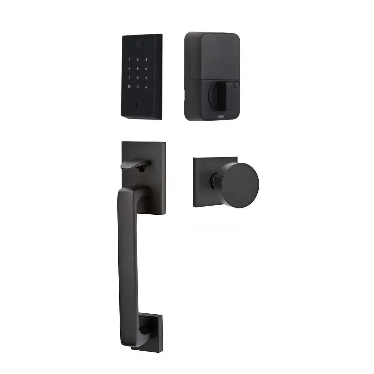 Emtek EMPowered 2 Touch Entry Set with Baden Grip and Interior Round Knob in Flat Black finish