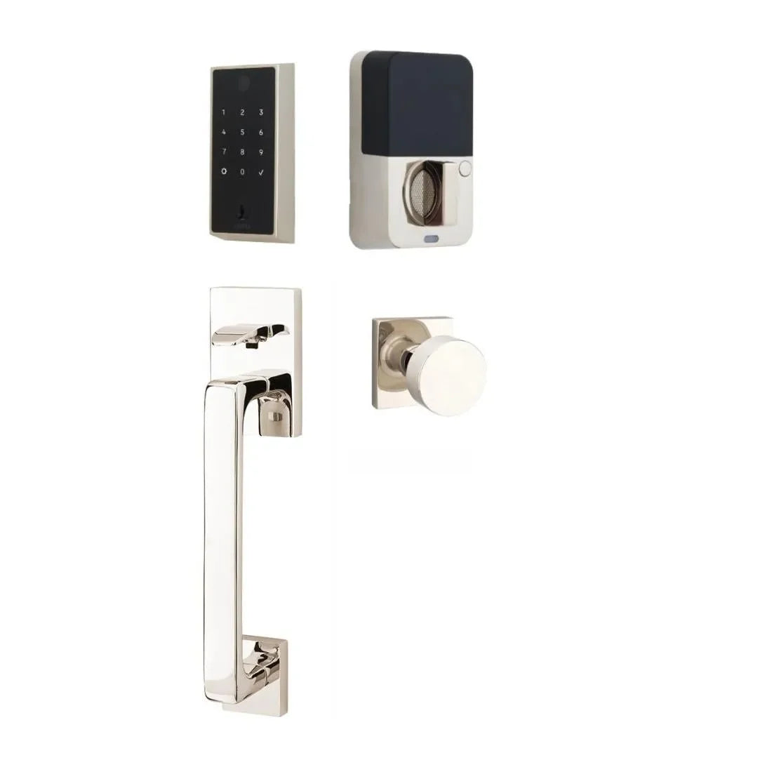 Emtek EMPowered 2 Touch Entry Set with Baden Grip and Interior Round Knob Lifetime Polished Nickel